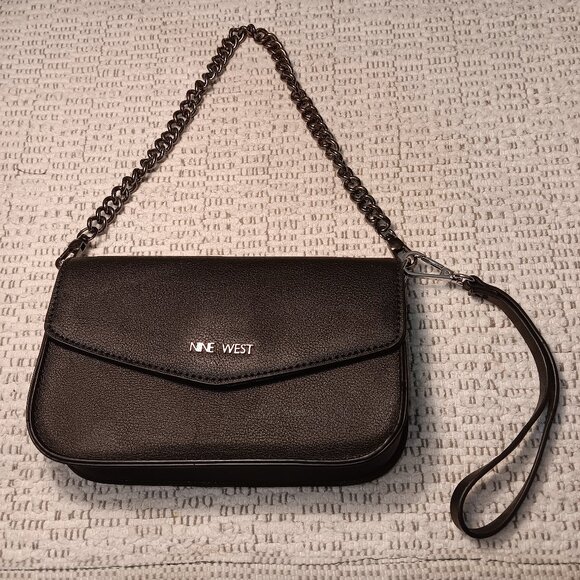 Nine West black faux leather wristlet & chain convertible straps handbag purse - Picture 1 of 15